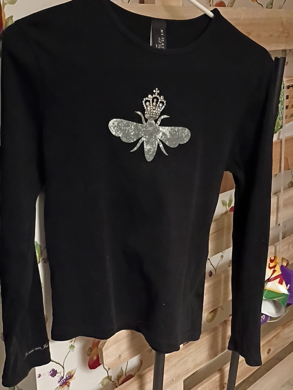 Black Long-Sleeve Tee with Silver Bee, Sparkly Crown Graphic